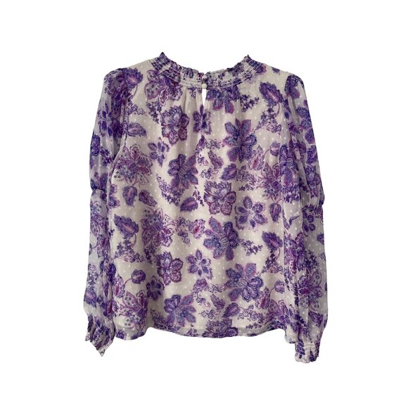 Loft Floral Blouse Size Small Petite Long Sleeve Purple White Smocked Neck Boho - Picture 3 of 8